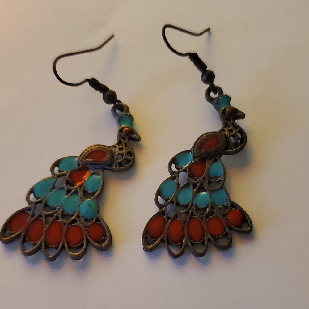 Peacock Design Earrings with Turquoise and Red Accents